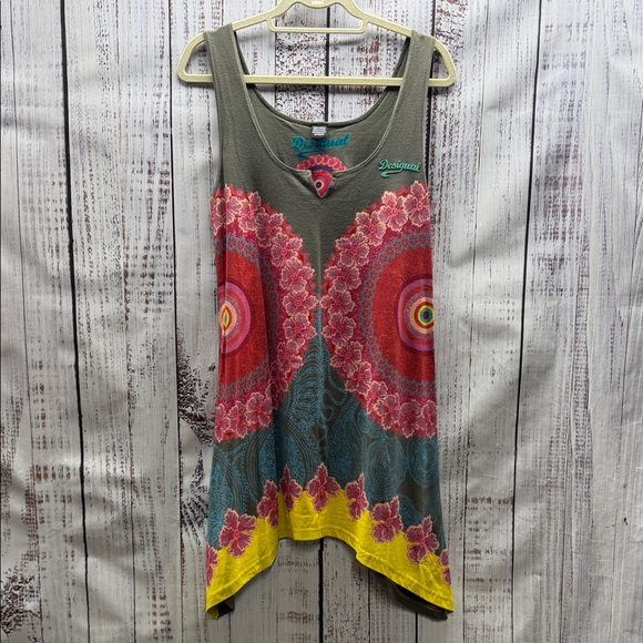Desigual Tops - Desigual Greenish Gray Multicolor Design Sleeveless Tunic Mini Dress
